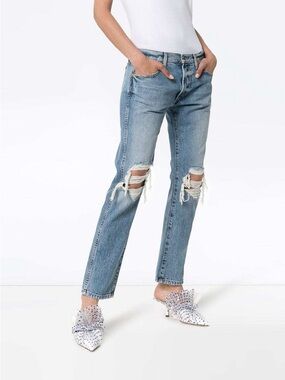 KHAITE Kyle Low-Rise Straight Jeans Ripped Distressed Denim Blue Jeans